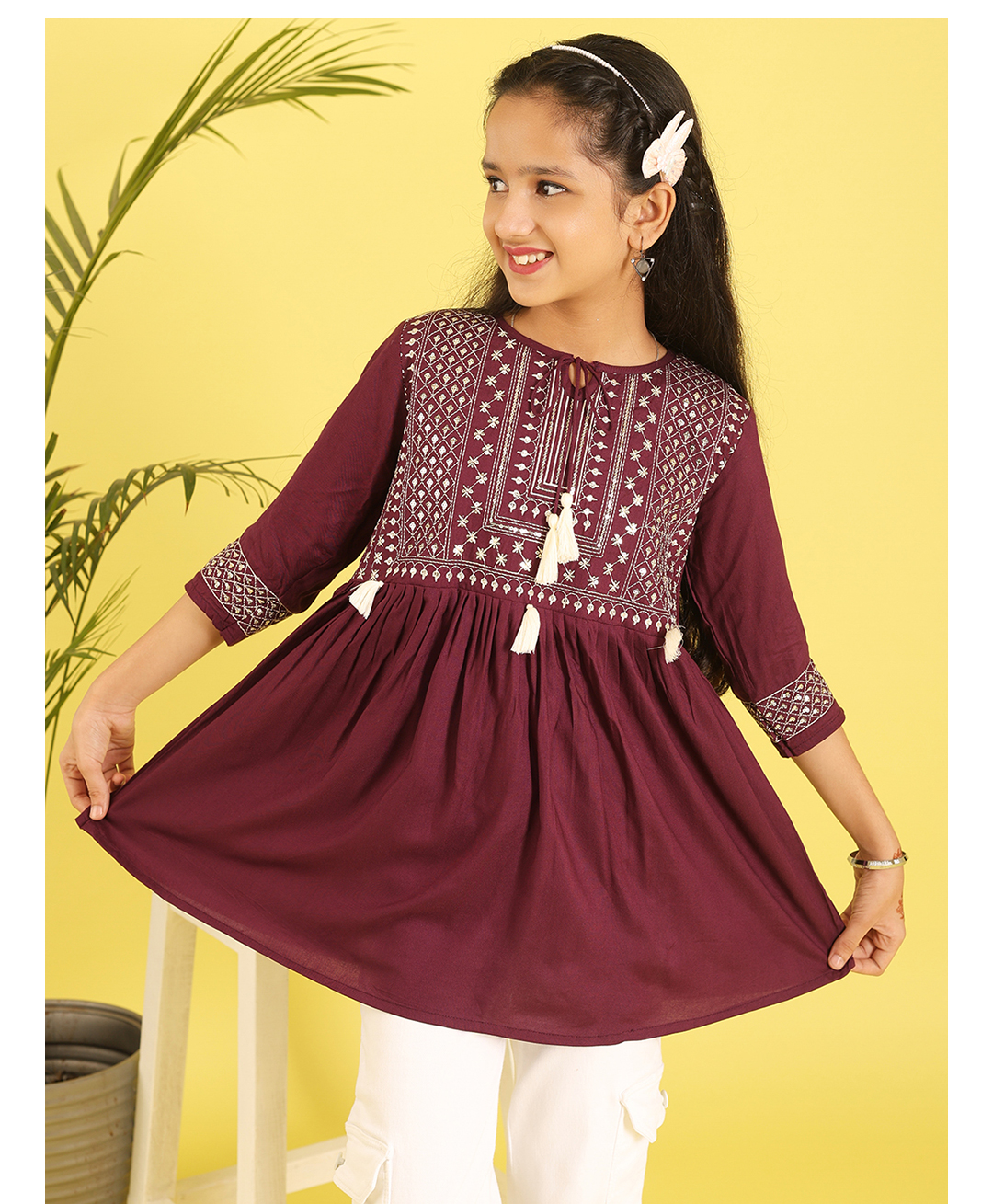 ISHTI Rayon Woven Three Fourth Sleeves Sequins Embroidered Top - Wine-picture-34