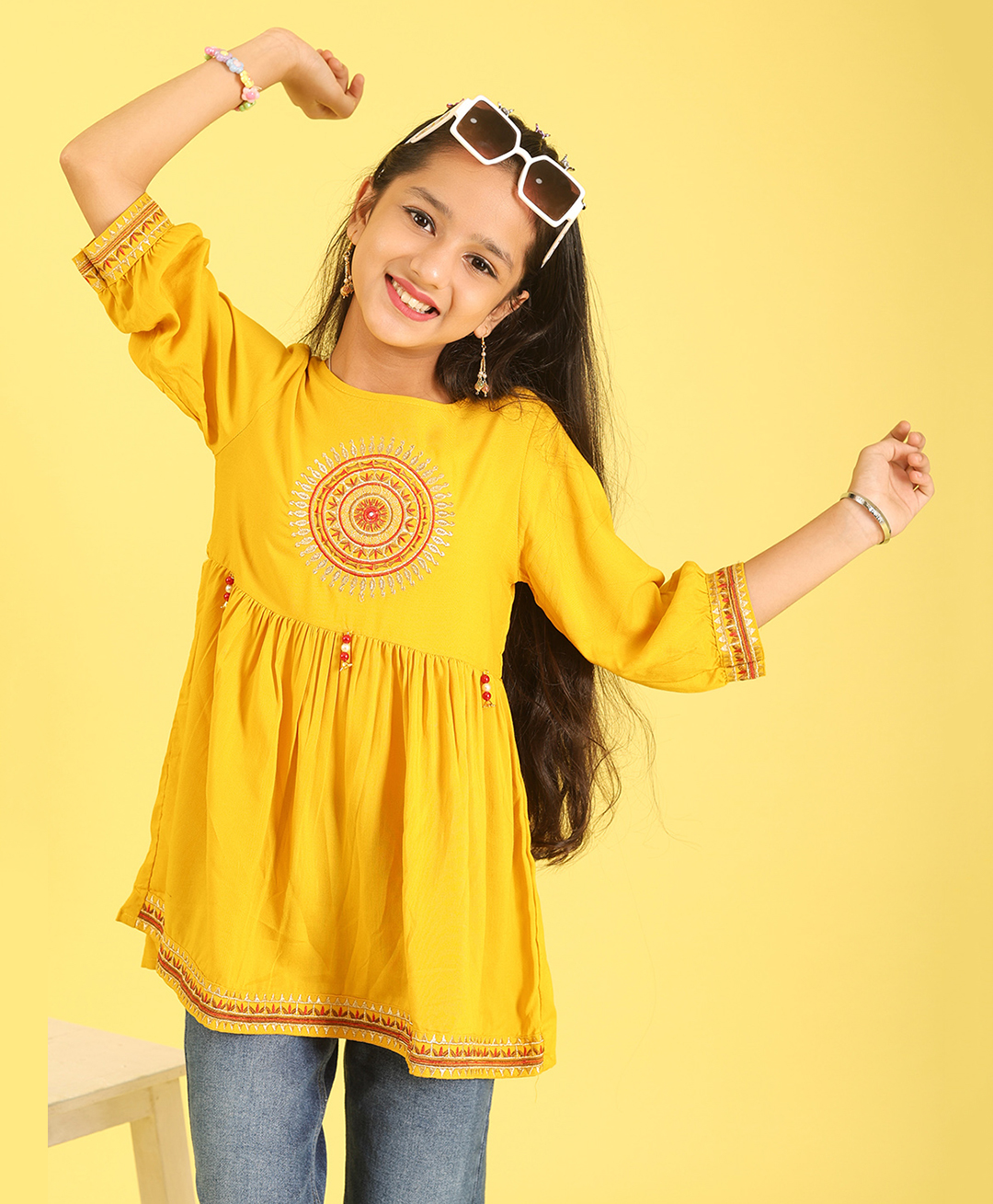 ISHTI Rayon Woven Three Fourth Sleeves Geometric Embroidered Top - Mustard-image-44