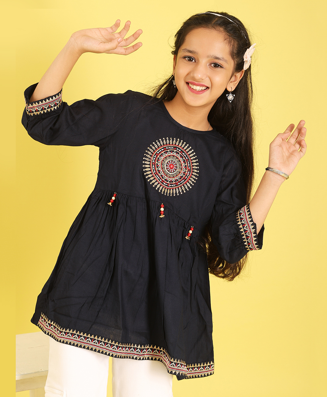 ISHTI Rayon Woven Three Fourth Sleeves Sequins Embroidered Top - Black-picture-27