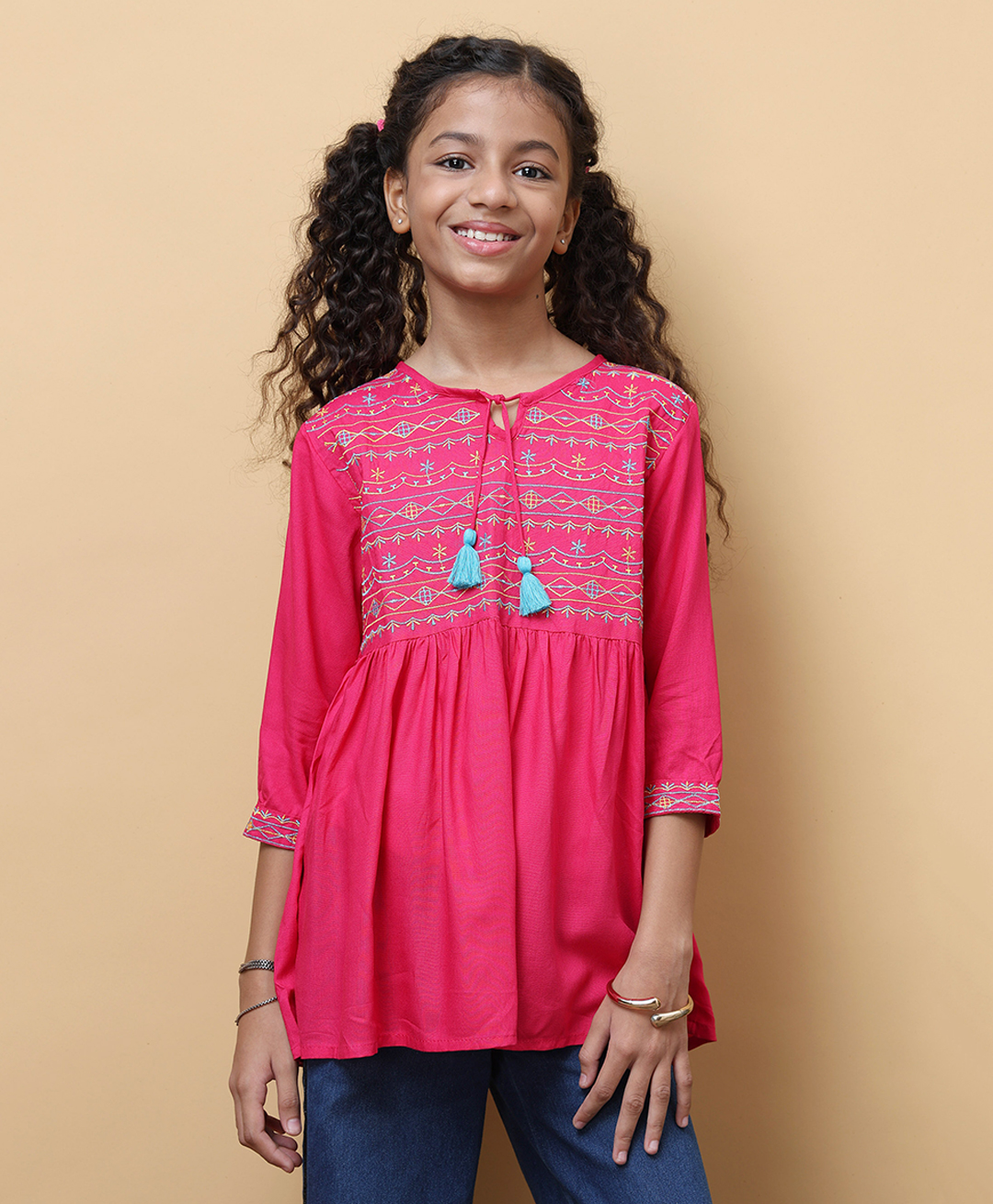 ISHTI Rayon Woven Three Fourth Sleeves Abstract Embroidered Top - Rani Pink-picture-14