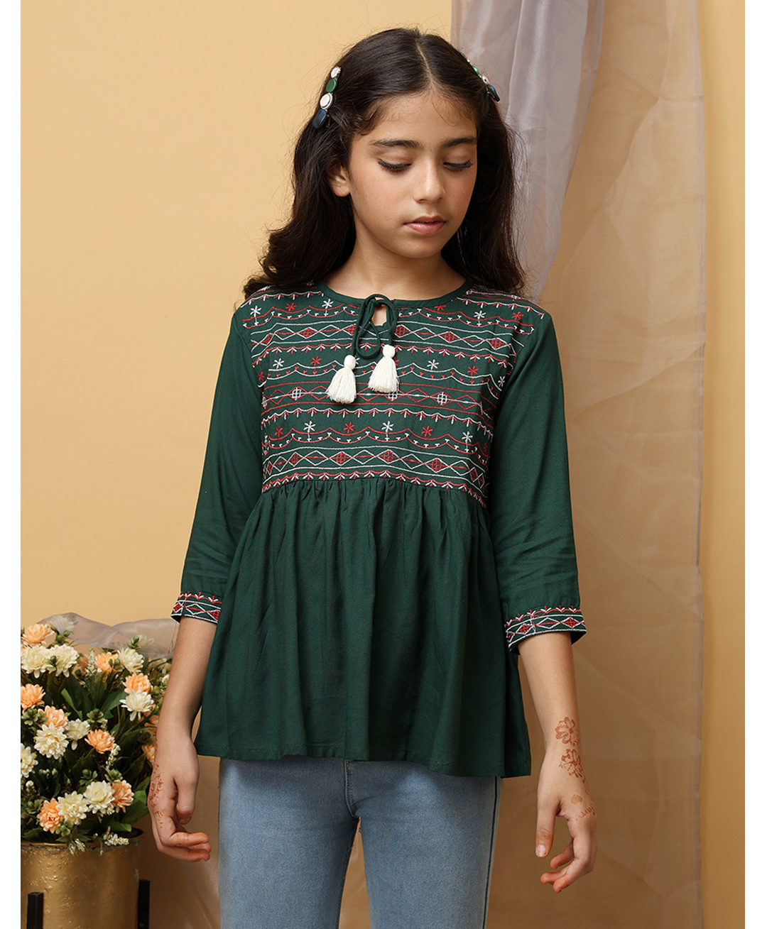 ISHTI Rayon Woven Three Fourth Sleeves Abstract Embroidered Top - Bottle Green-picture-21
