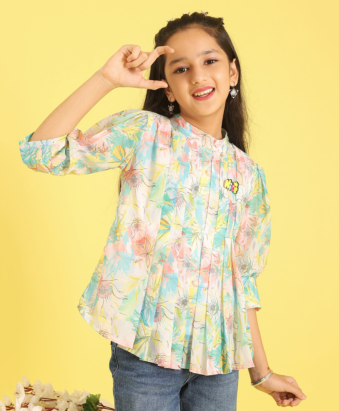 ISHTI Woven Three Fourth Sleeves Floral Printed Top - Multi Colour-picture-16