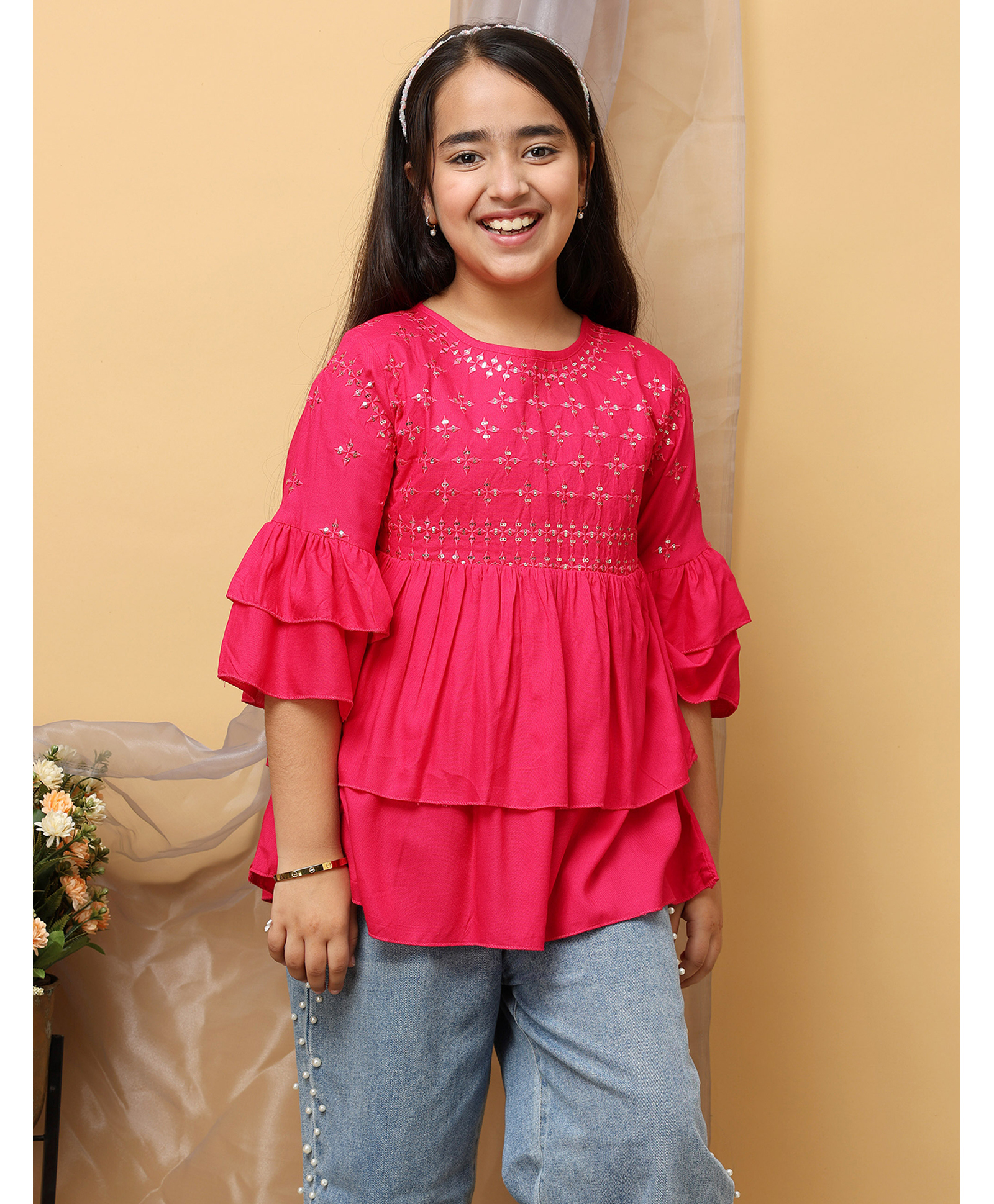 ISHTI Georgette Woven Three Fourth Bell Sleeves Sequins Embellished Layered Top - Rani Pink-picture-36