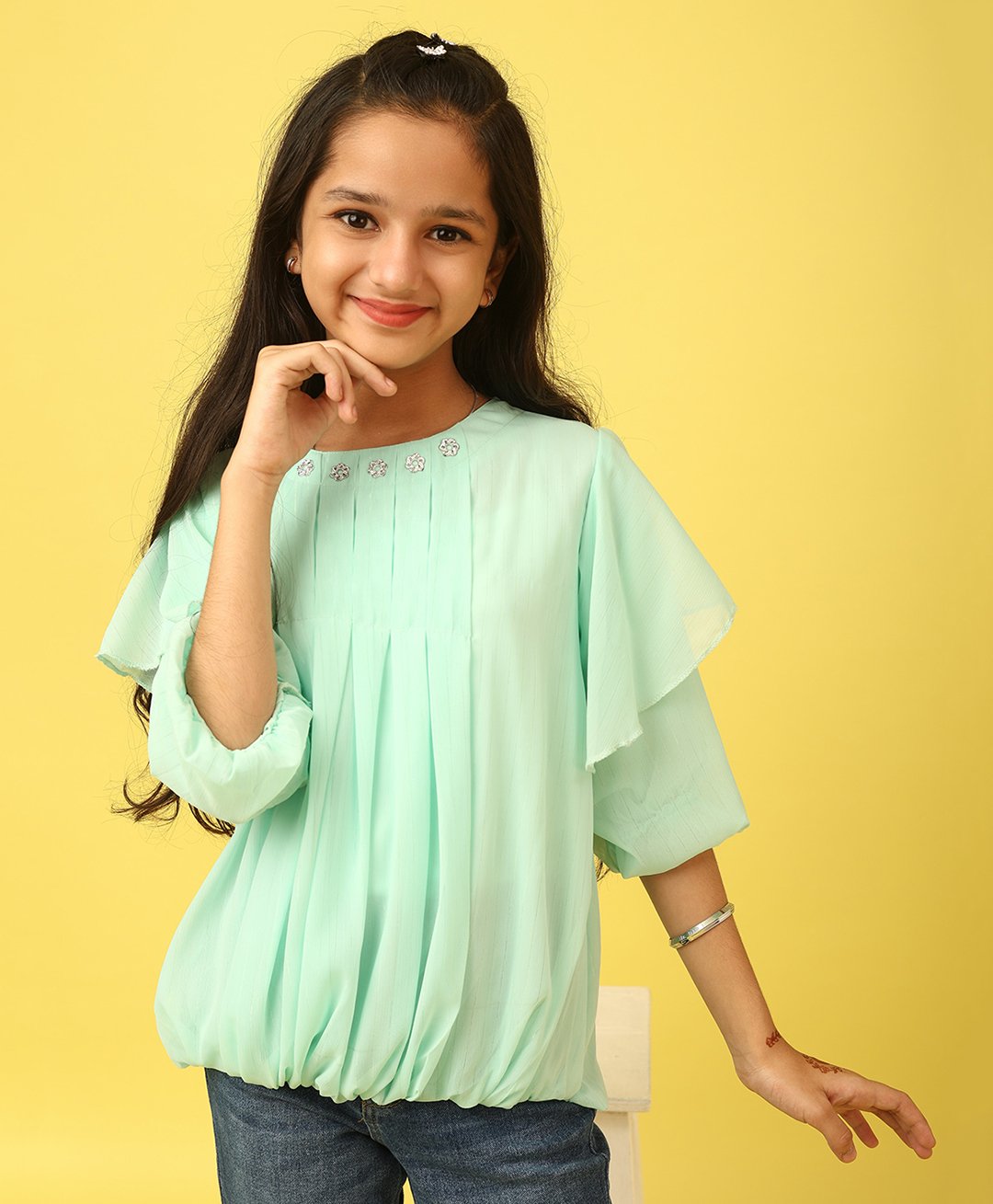 ISHTI Georgette Woven Three Fourth Sleeves Pleated Top - Light Green-picture-17