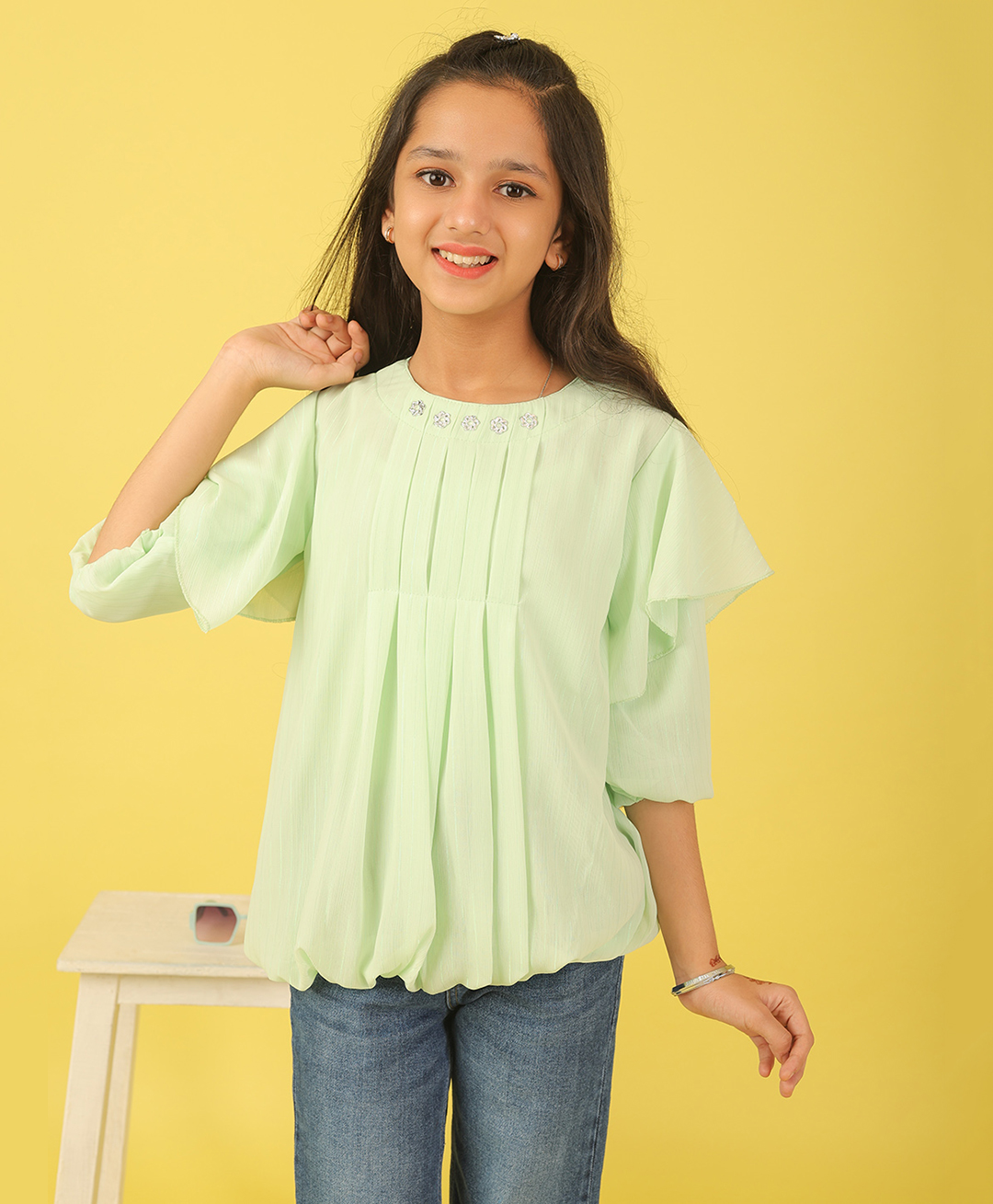 ISHTI Georgette Woven Three Fourth Sleeves Pleated Top - Pista-picture-11