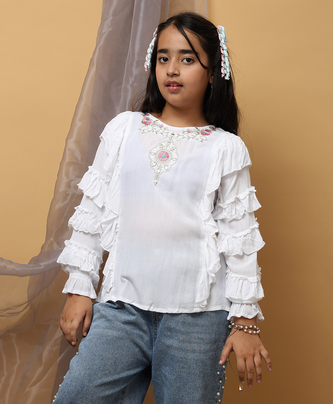ISHTI Rayon Woven Three Fourth Sleeves Floral Embroidered Top - White-picture-10