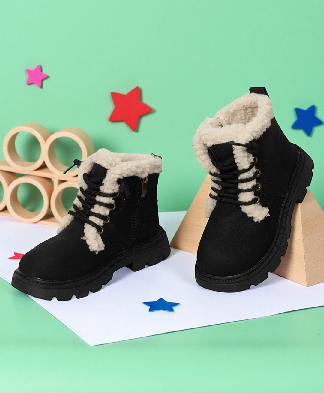 TRUFFLE COLLECTION Fur Detailed Lace Up & Zip Closure Solid Boots - Black-picture-13