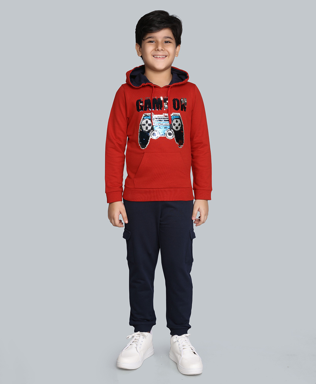 Plum Tree 100% Cotton Knit Full Sleeves Game On Text Sequins Embellished Light Winter Hooded Sweatshirt & Cargo Joggers Set - Red-picture-37