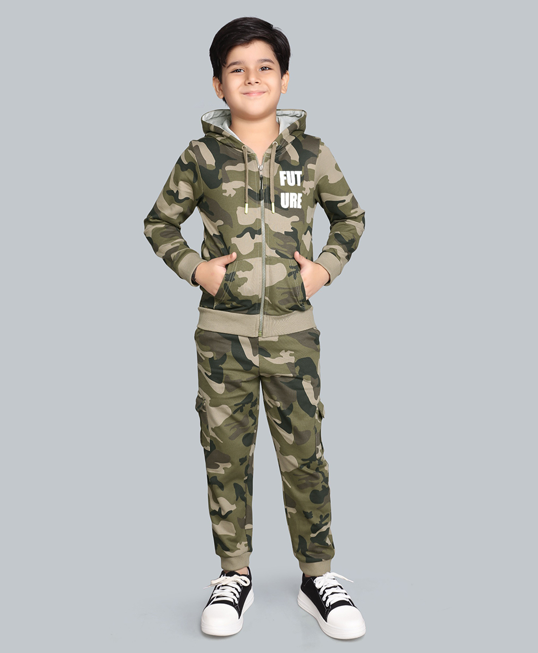 Plum Tree 100% Cotton Knit Full Sleeves Camouflage Printed Light Winter Hooded Sweatjacket & Coordinating Cargo Joggers Set - Olive Green-picture-13