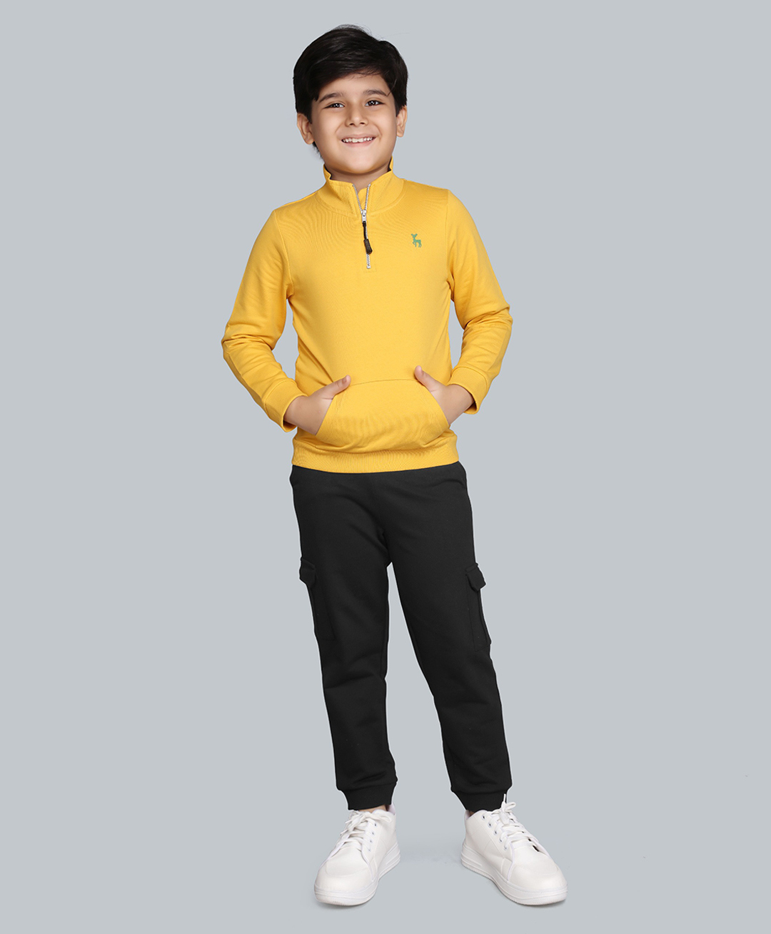 Plum Tree 100% Cotton Knit Full Sleeves Solid Light Winter Hooded Sweatshirt & Cargo Joggers Set - Yellow & Jet Black-picture-27