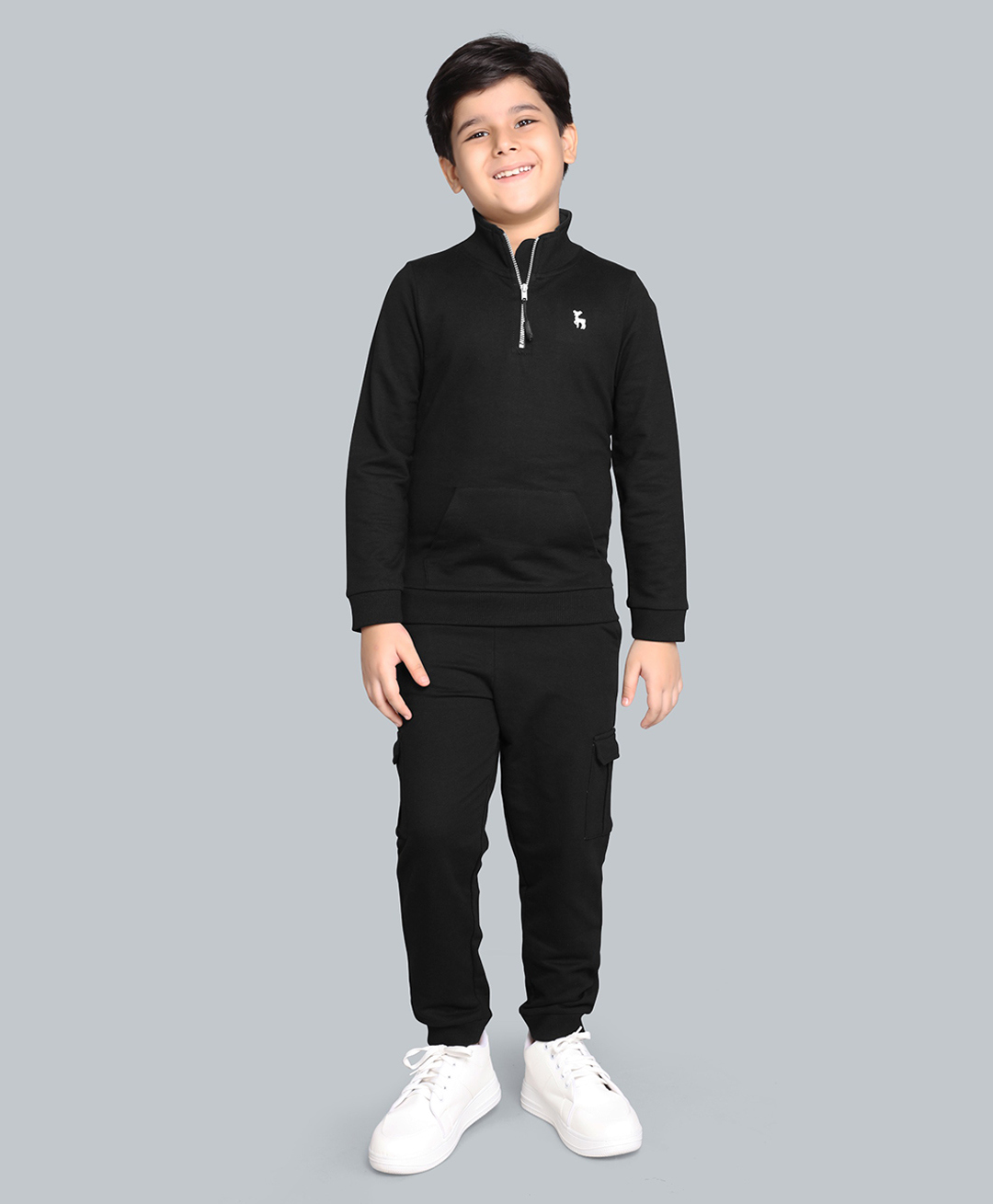 Plum Tree 100% Cotton Knit Full Sleeves Solid Light Winter Hooded Sweatshirt & Cargo Joggers Set - Jet Black-picture-14