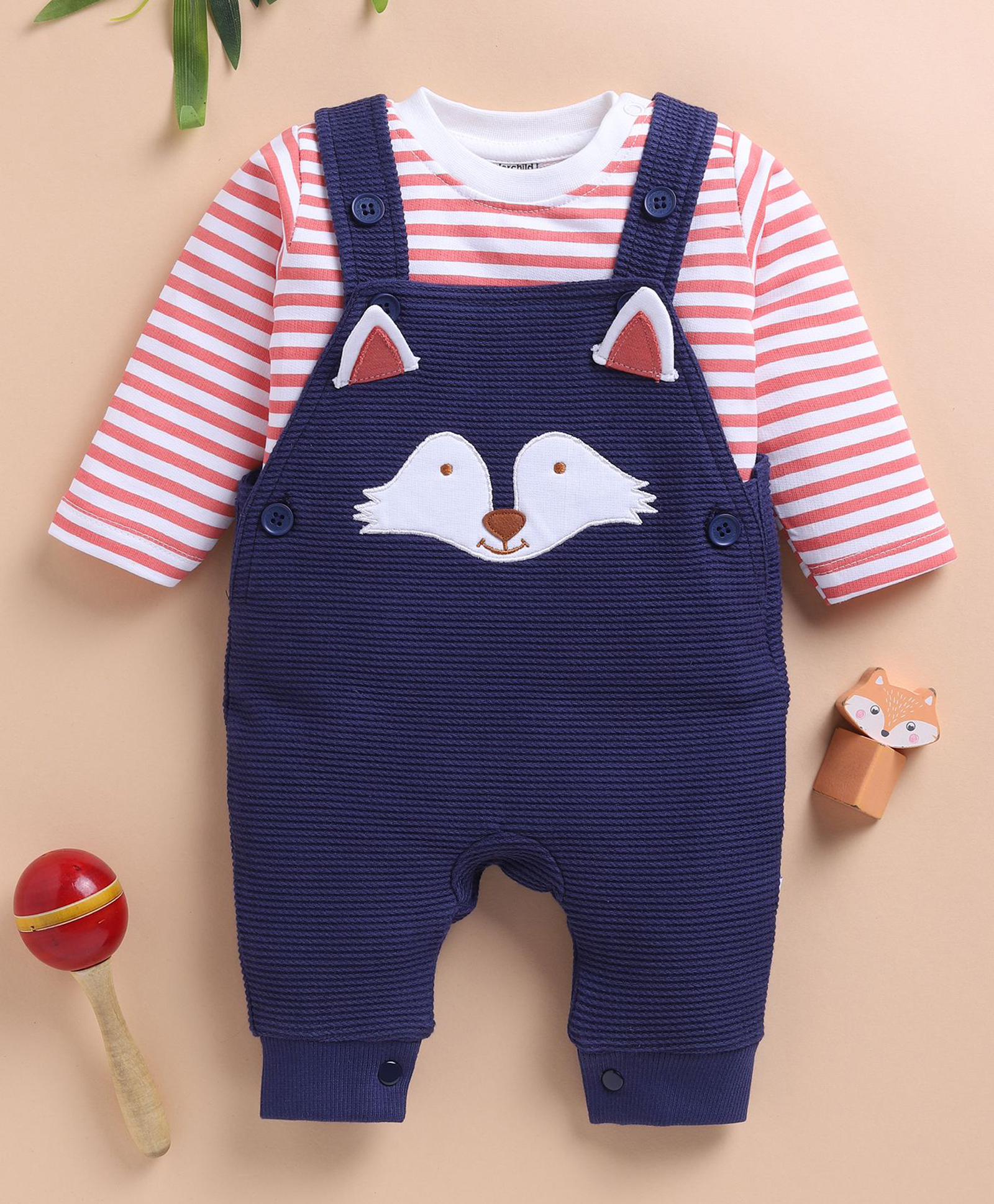 Wonderchild Fox Face Embroidered Dungree With Full Sleeves Striped Tee Set - White & Navy Blue