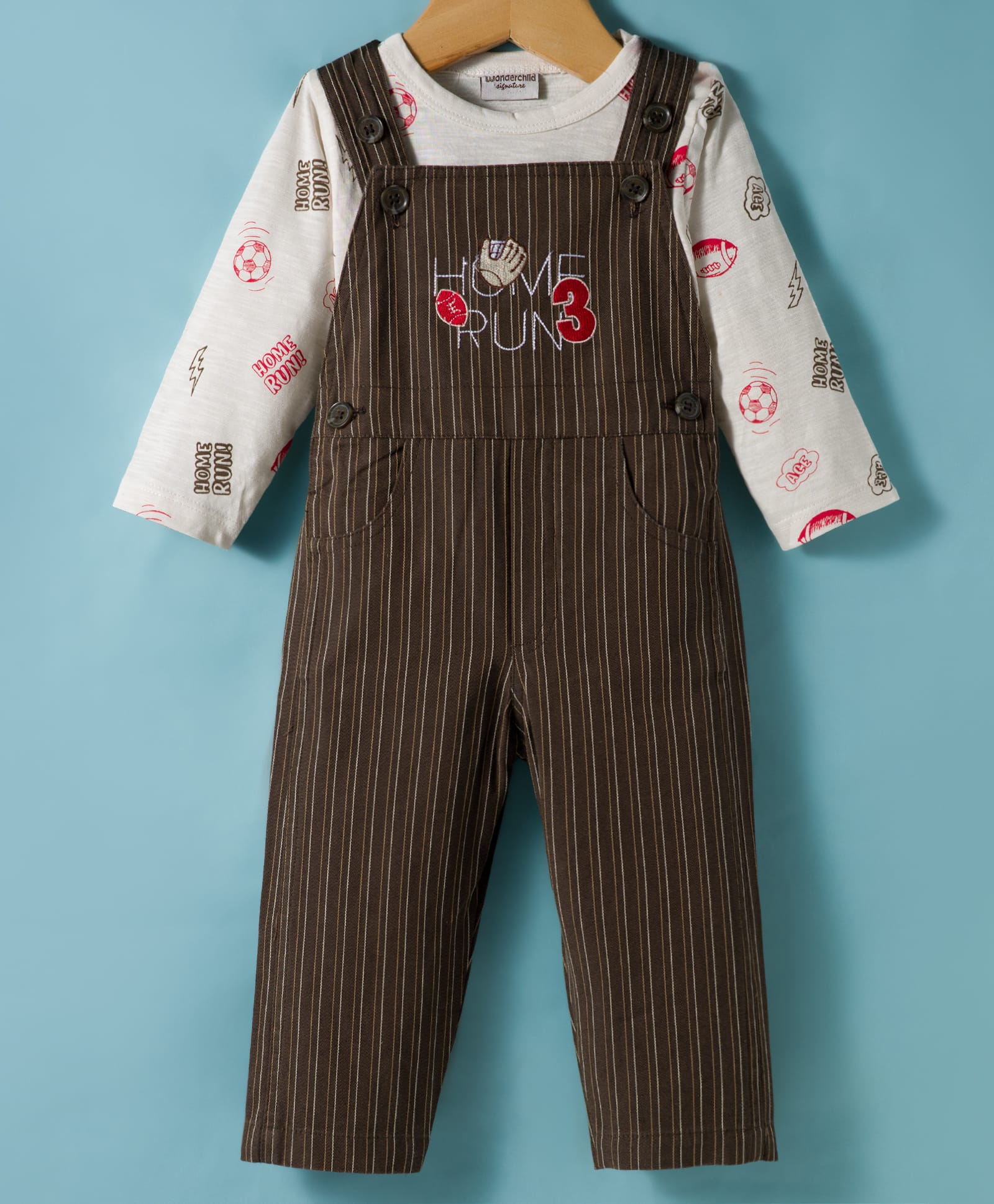 Wonderchild Home Run Text Embroidered Dungaree With Full Sleeves Tee - Chocolate-image-42