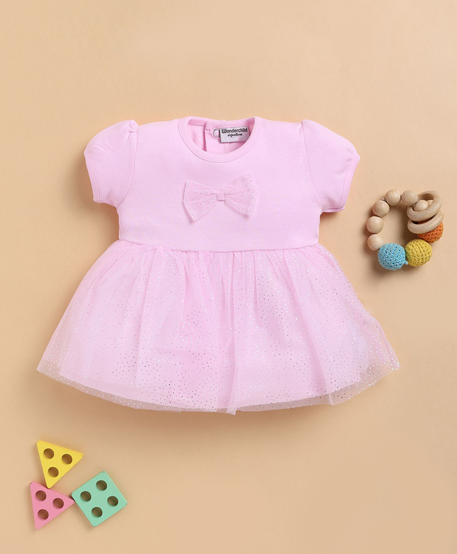 Wonderchild Half Puffed Sleeves Bow Applique Detailed & Glitter Printed Knee Length Dress - Pink-image-49