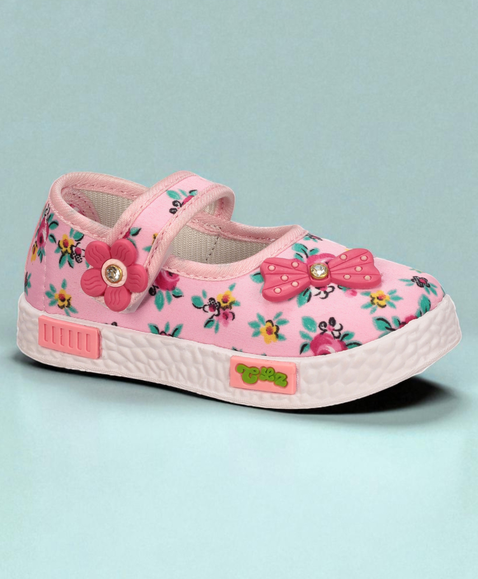 Lil Lollipop Floral Designed Bow Applique Detailed & Stone Embellished Velcro Closure Mary Jane Ballerinas - Pink-image-31