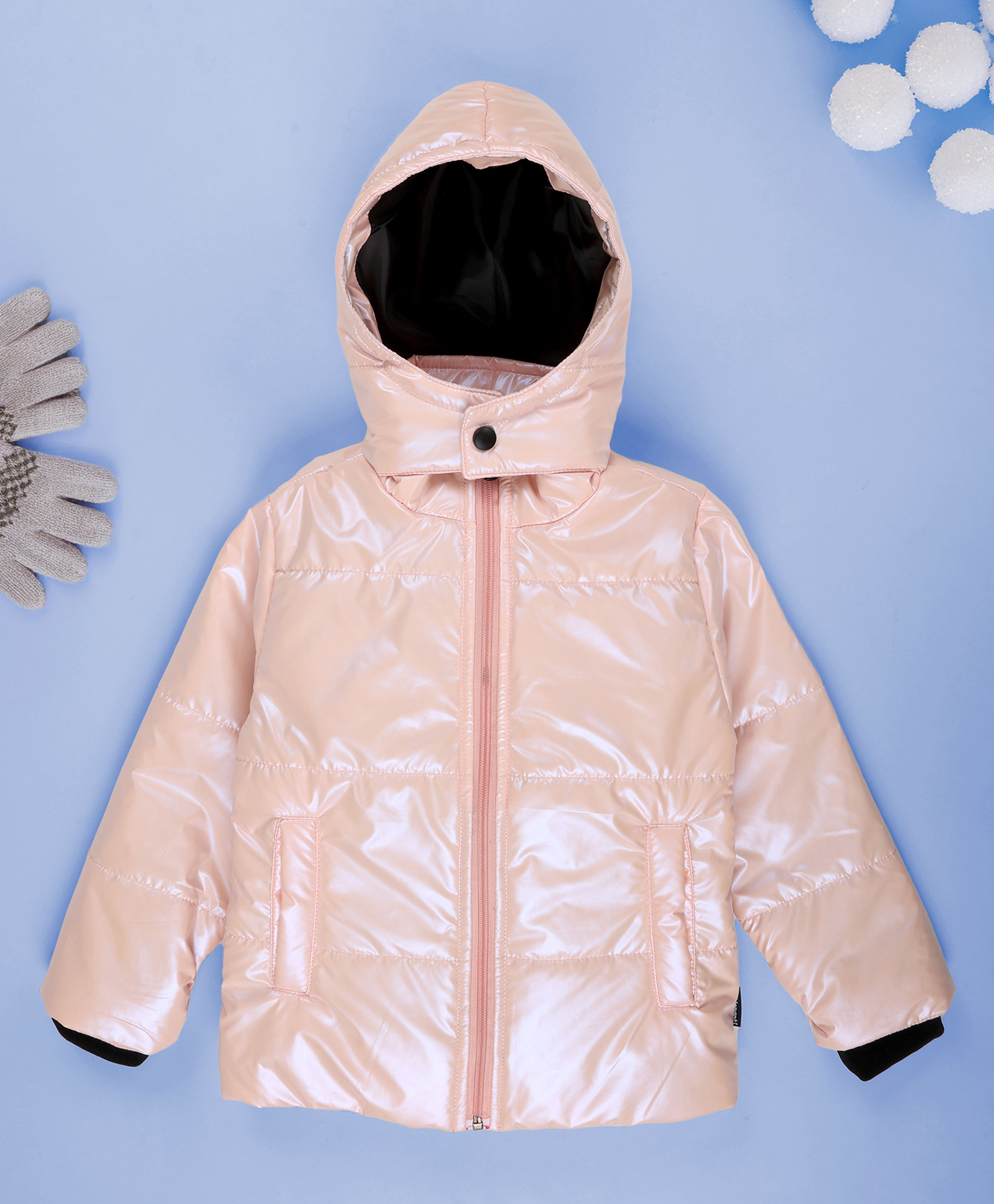 Kiddopanti Woven Full Sleeves Solid Puffer Light Winter Hooded Jacket - Baby Pink-image-5