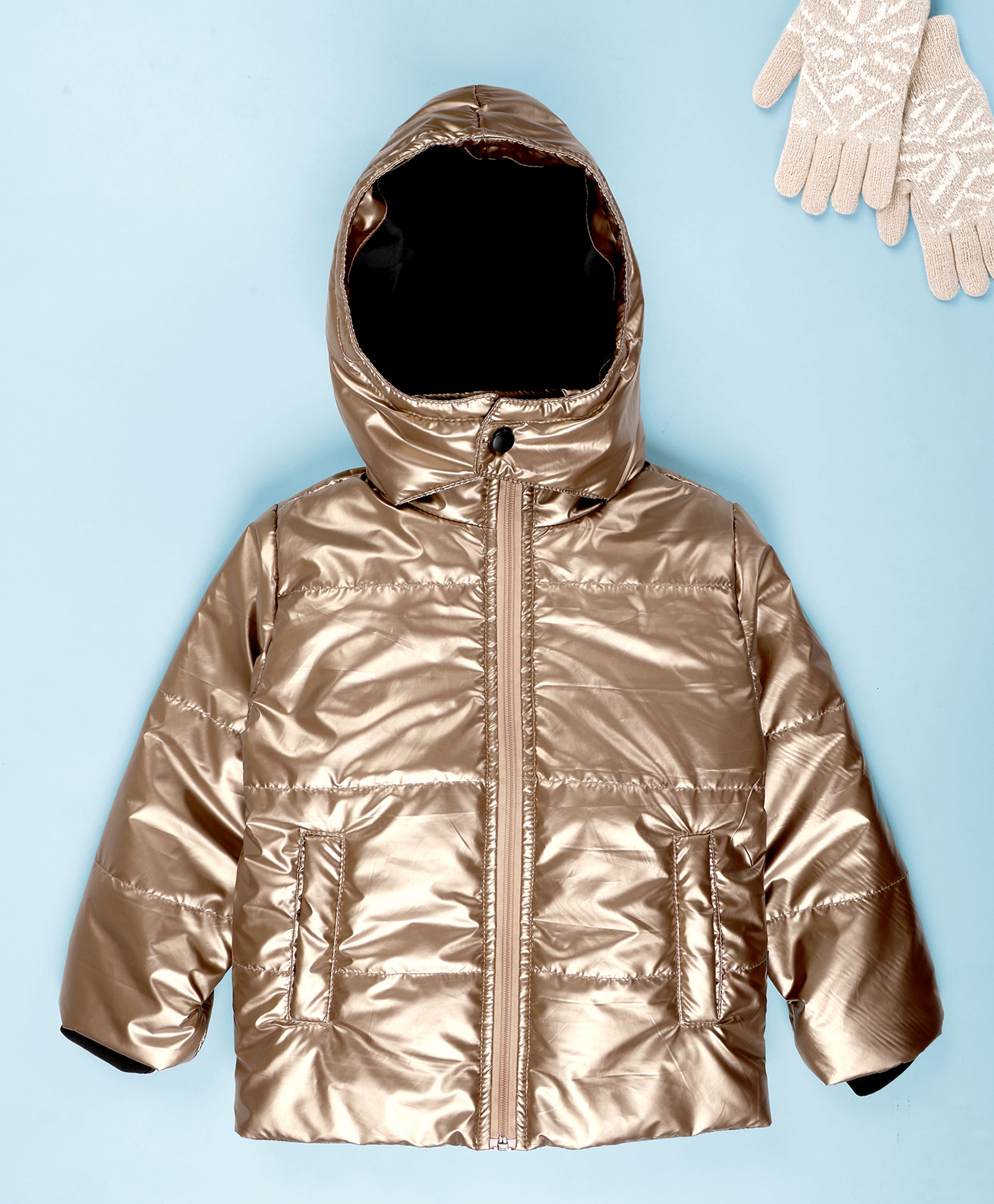 Kiddopanti Woven Full Sleeves Solid Puffer Light Winter Hooded Jacket - Rose Gold-image-40