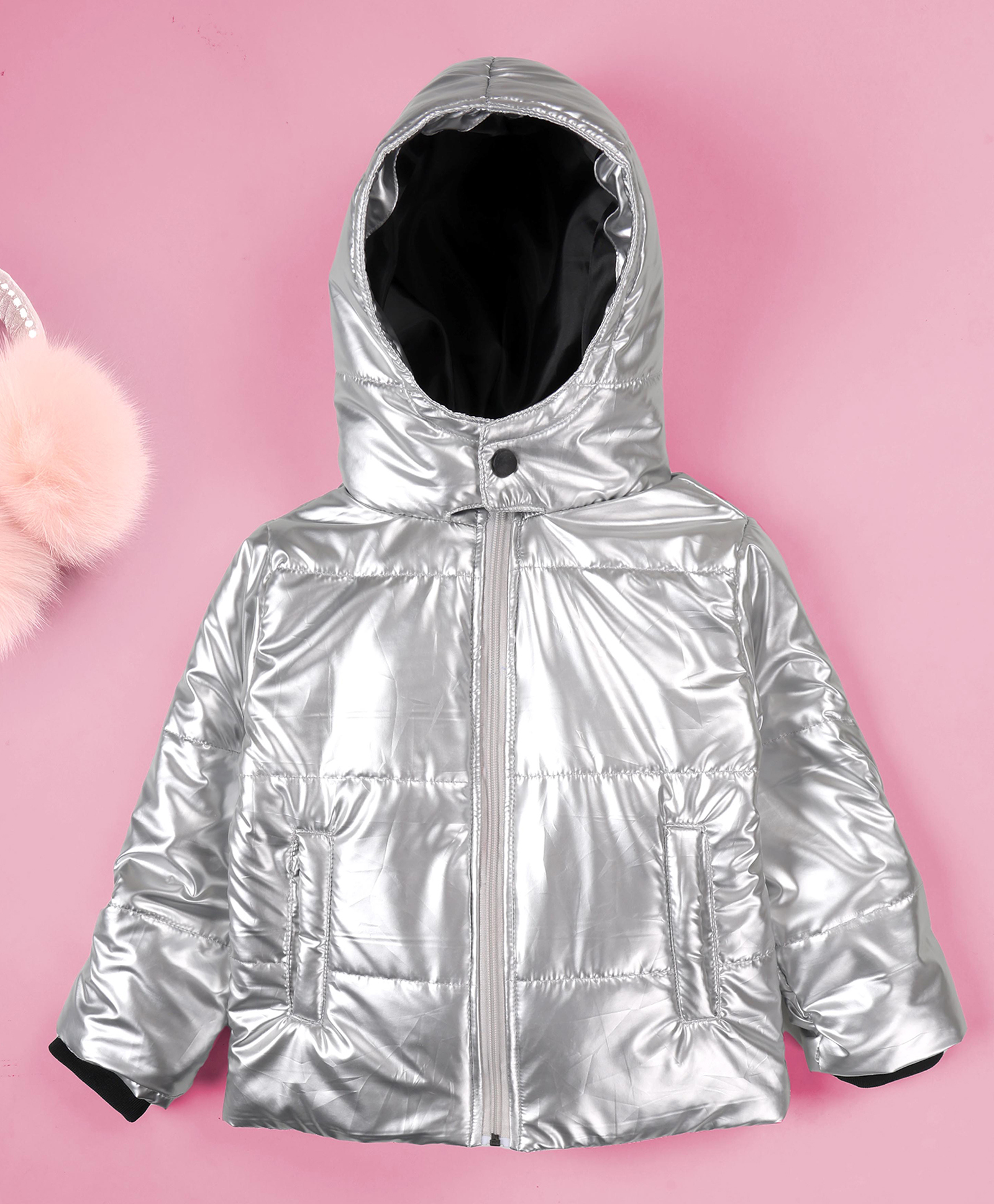 Kiddopanti Woven Full Sleeves Solid Puffer Light Winter Hooded Jacket - Silver-image-36
