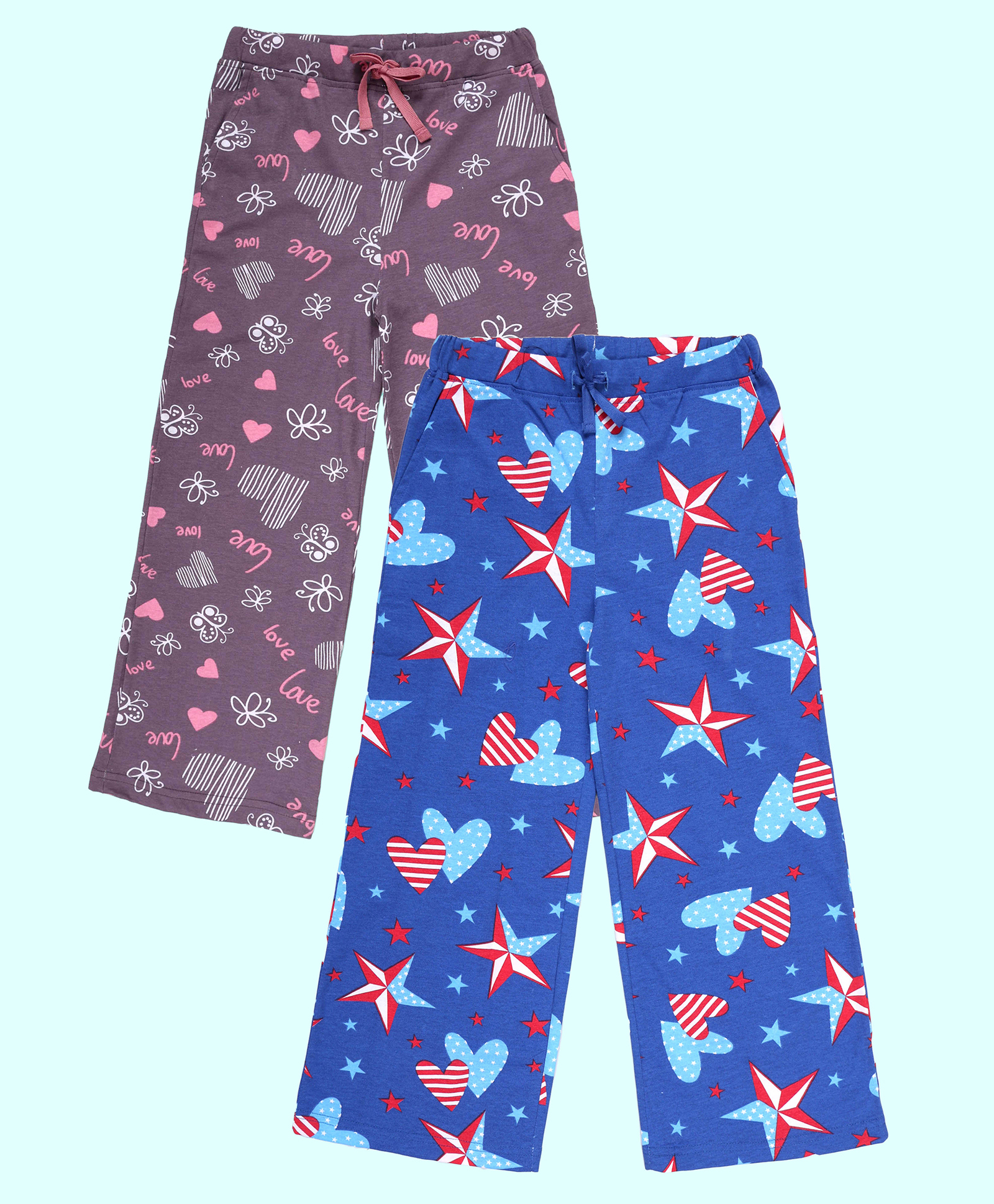 Kiddopanti Cotton Knit Pack Of 2 Heart & Stars Printed Pajamas - Mauve & Royal Blue-picture-22