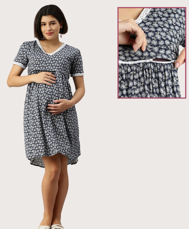 Morph Cotton Knit Half Sleeves Floral Printed Maternity Dress With Side Zipper Nursing Access - Blue-image-29