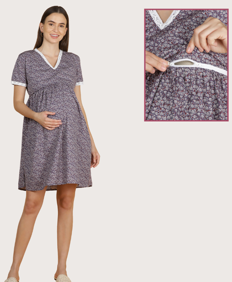 Morph Cotton Knit Half Sleeves Floral Printed Maternity Dress With Horizontal Nursing Access - Grey-image-7