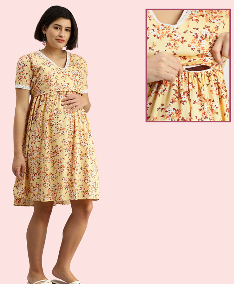 Morph Cotton Knit Half Sleeves Floral Printed Maternity Dress With Horizontal Nursing Access - Yellow-picture-10