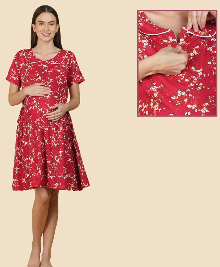 Morph Cotton Knit Half Sleeves Floral Printed Maternity Dress With Vertical Nursing Access - Red-image-6