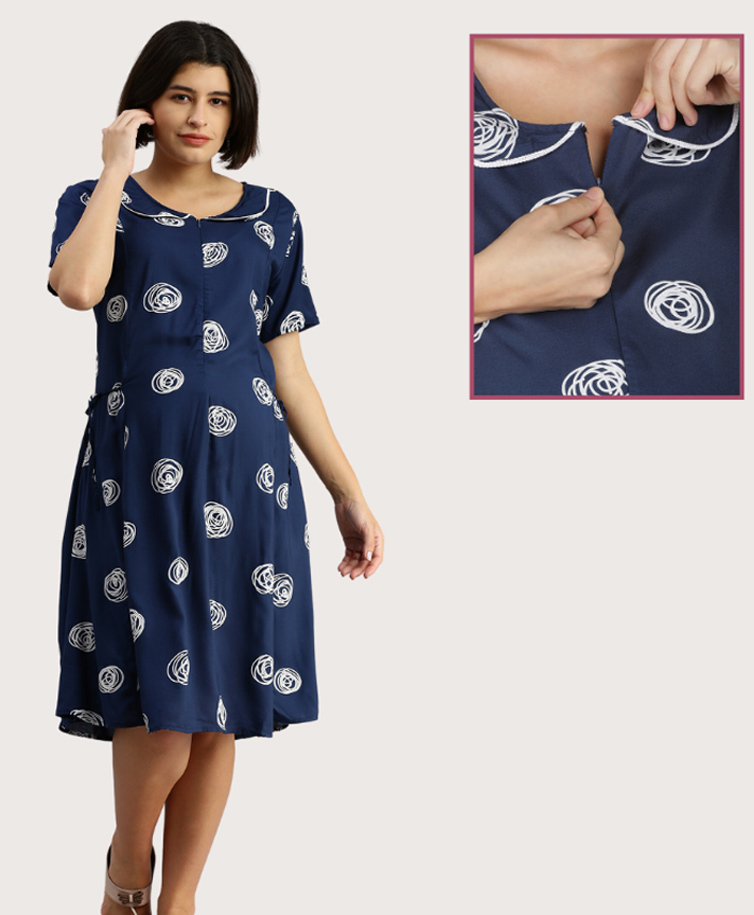 Morph Cotton Knit Half Sleeves Abstract Printed Maternity Dress With Vertical Nursing Access - Navy Blue-image-19