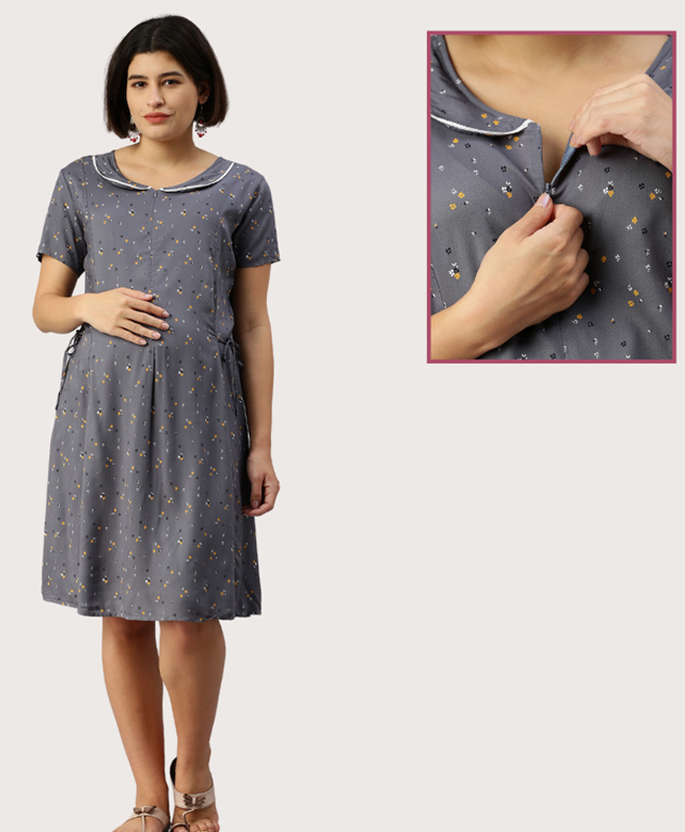 Morph Cotton Knit Half Sleeves Floral Printed Maternity Dress With Vertical Nursing Access - Grey-picture-7