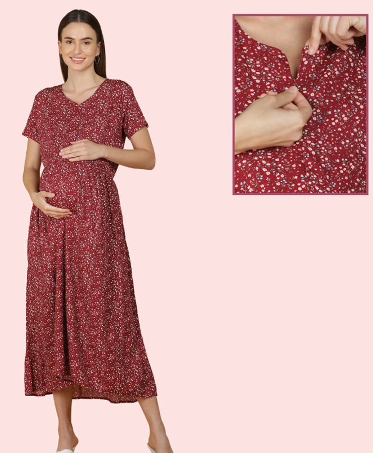 Morph Cotton Knit Half Sleeves Floral Printed Maternity Dress With Vertical Nursing Access - Maroon-picture-15