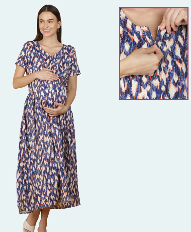 Morph Cotton Knit Half Sleeves Abstract Printed Maternity Dress With Vertical Nursing Access - Navy Blue-image-31