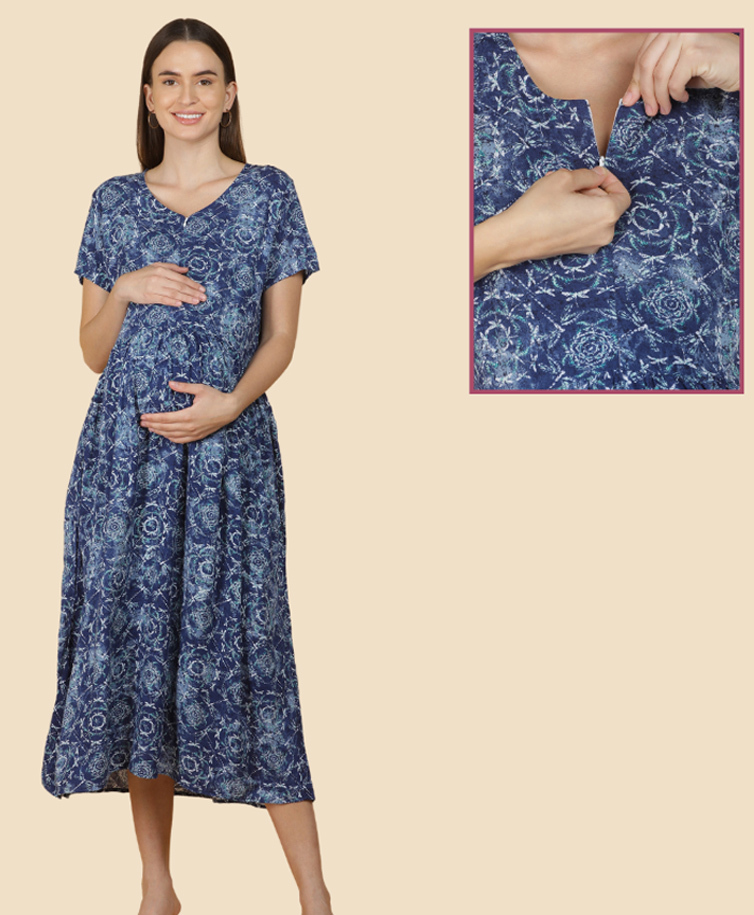 Morph Cotton Knit Half Sleeves Dragonfly Printed Maternity Dress With Vertical Nursing Access - Navy Blue-image-32