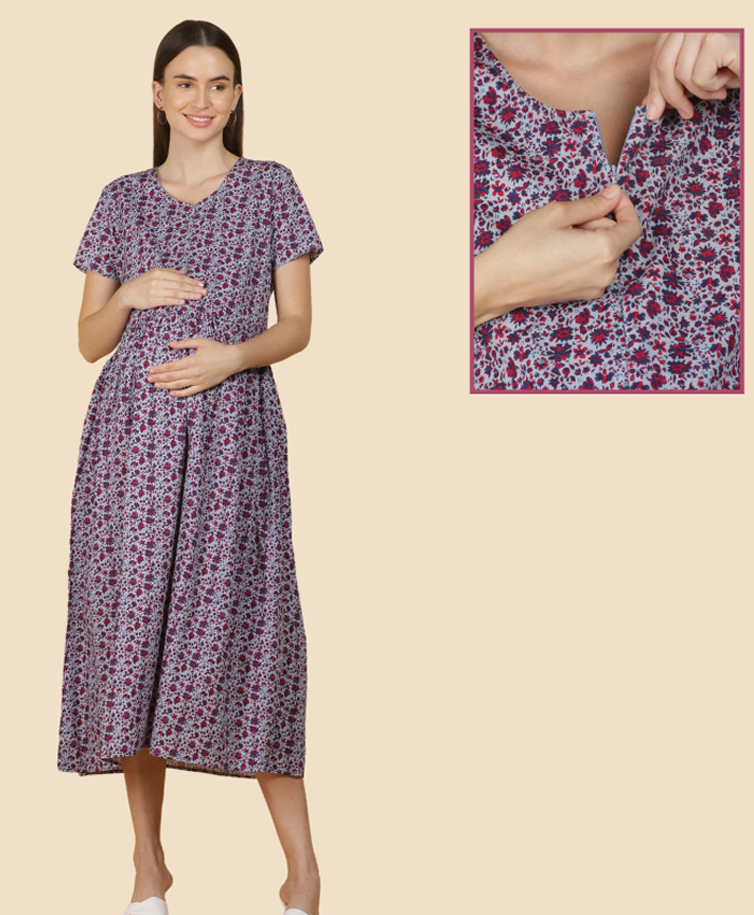 Morph Cotton Knit Half Sleeves Floral Printed Maternity Dress With Vertical Nursing Access - Grey-picture-8