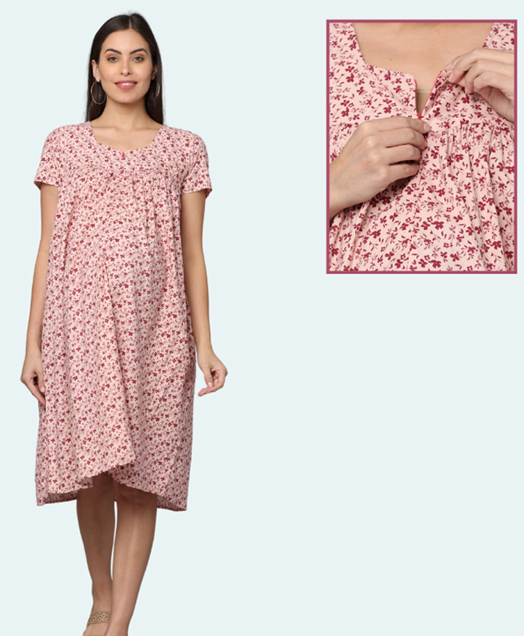Morph Cotton Knit Half Sleeves Floral Printed Maternity Dress With Vertical Nursing Access - Beige-picture-16