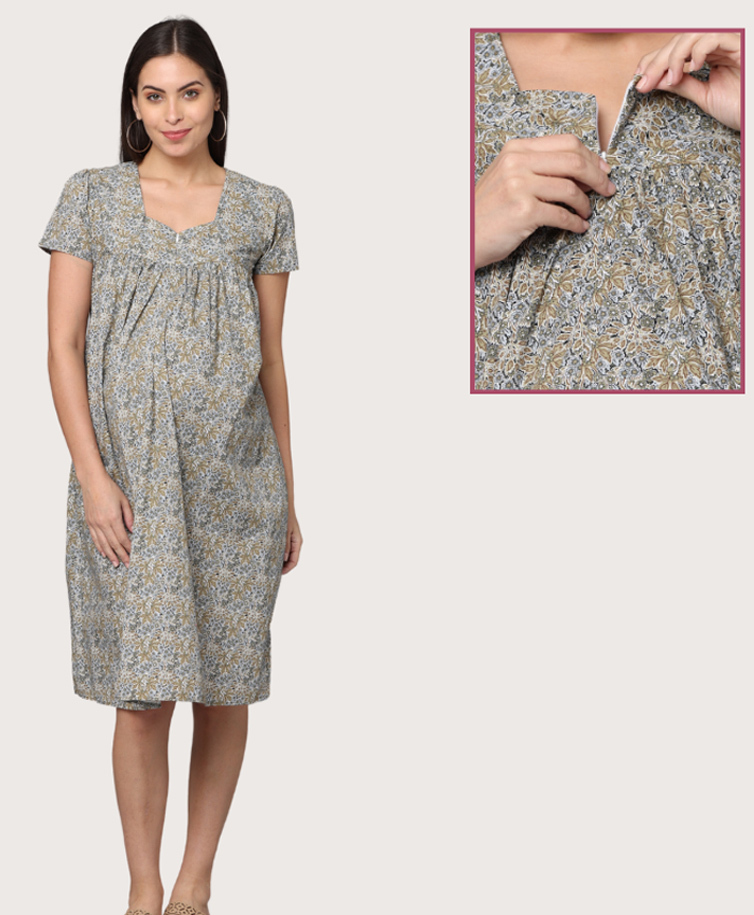 Morph Cotton Knit Half Sleeves Floral Printed Maternity Dress With Vertical Nursing Access - Olive Green-image-26