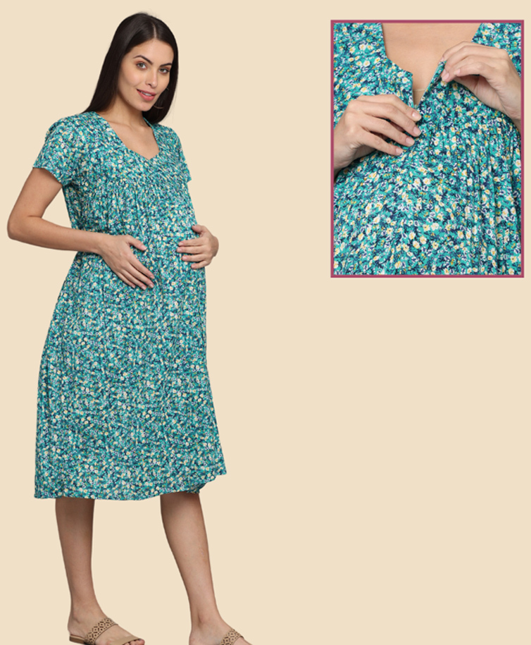 Morph Cotton Knit Half Sleeves Abstract Printed Maternity Dress With Vertical Nursing Access - Green-picture-17