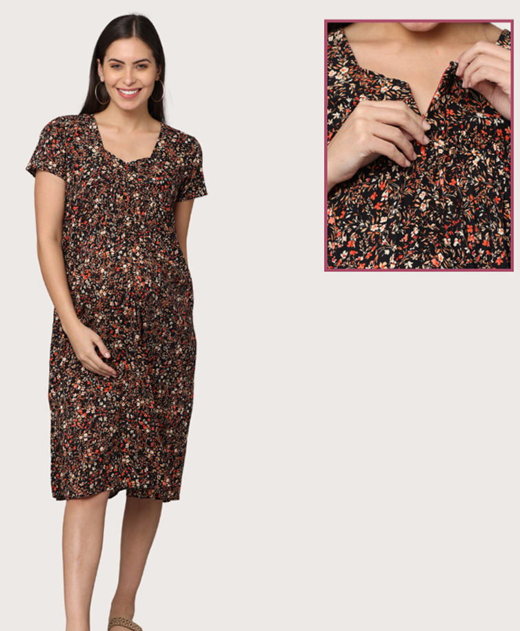 Morph Cotton Knit Half Sleeves Floral Printed Maternity Dress With Vertical Nursing Access - Black-picture-45