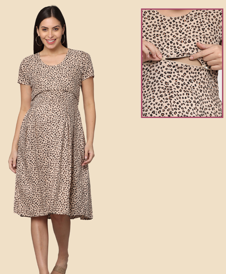 Morph Cotton Knit Half Sleeves Leopard Printed Maternity Dress With Horizontal Nursing Access - Beige-picture-44