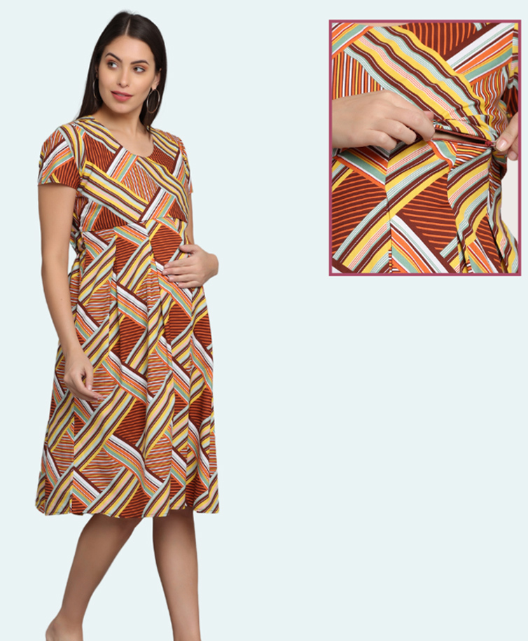 Morph Cotton Knit Half Sleeves Geometric Printed Maternity Dress With Horizontal Nursing Access - Brown-picture-44