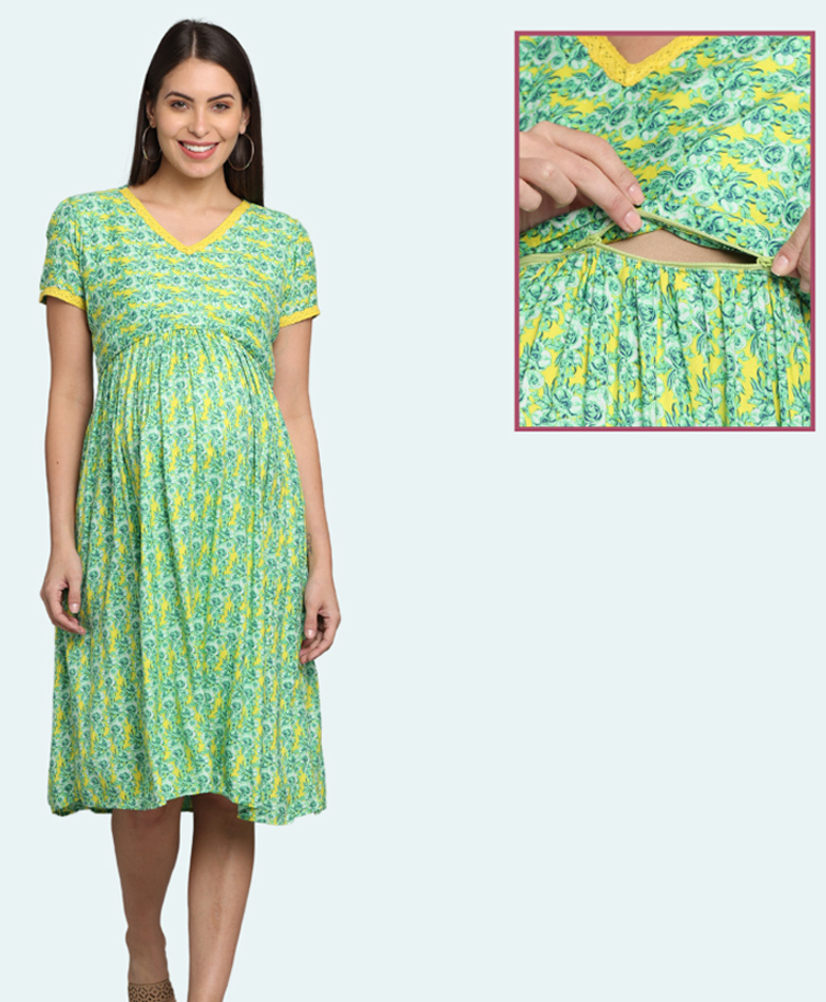 Morph Cotton Knit Half Sleeves Abstract Printed Maternity Dress With Horizontal Nursing Access - Green-picture-43