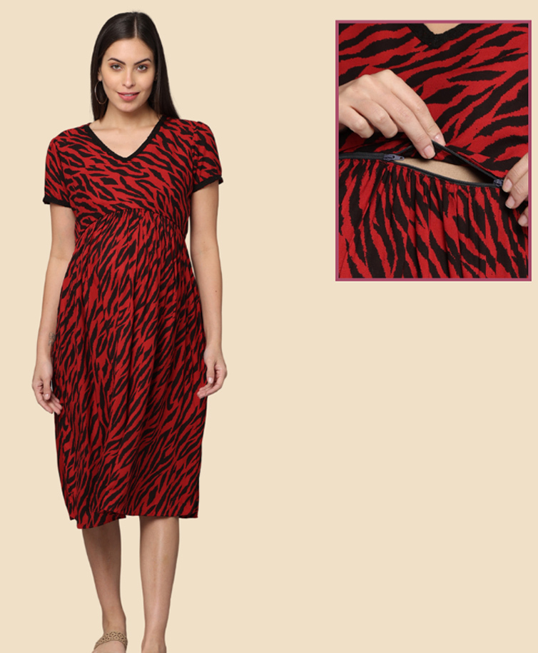 Morph Cotton Knit Half Sleeves Abstract Printed Maternity Dress With Horizontal Nursing Access - Red-picture-49