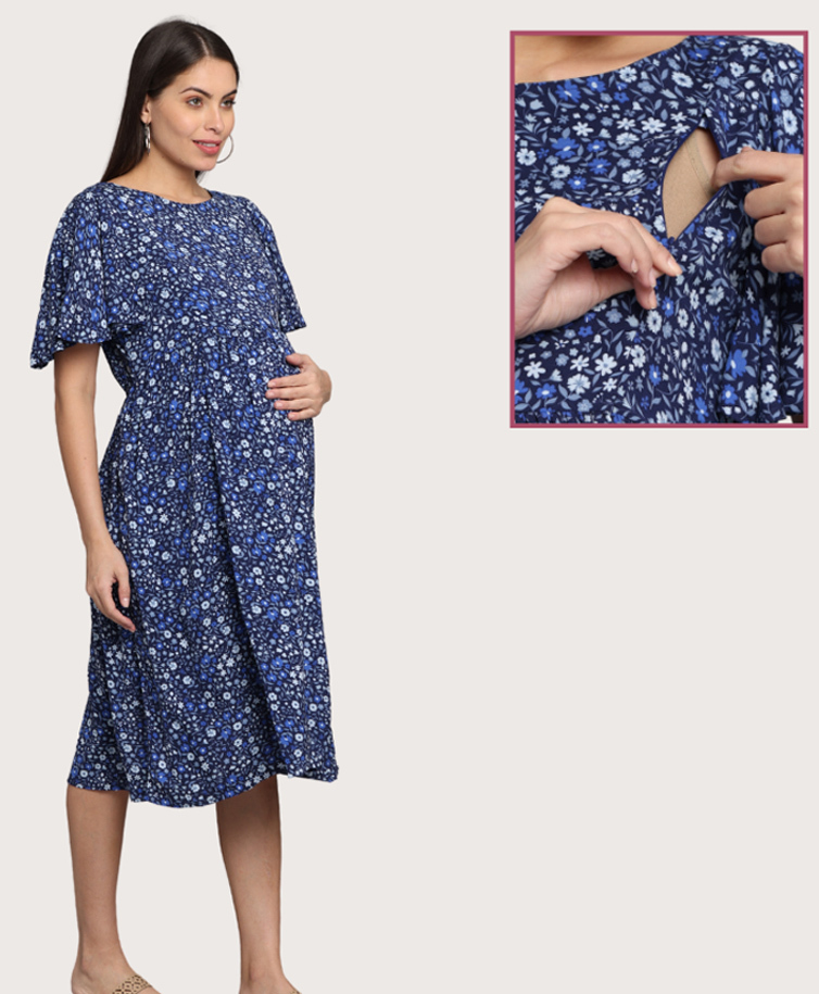 Morph Cotton Knit Half Sleeves Floral Printed Maternity Dress With Side Seam Nursing Access - Navy Blue-picture-39