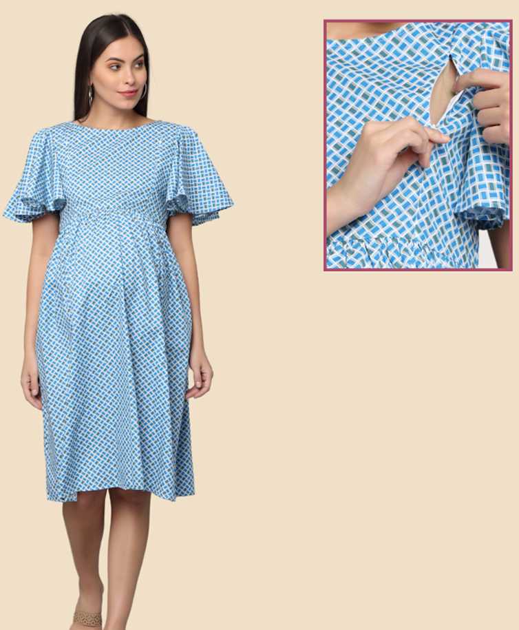 Morph Cotton Knit Half Sleeves Geometric Printed Maternity Dress With Side Seam Nursing Access - White-picture-42