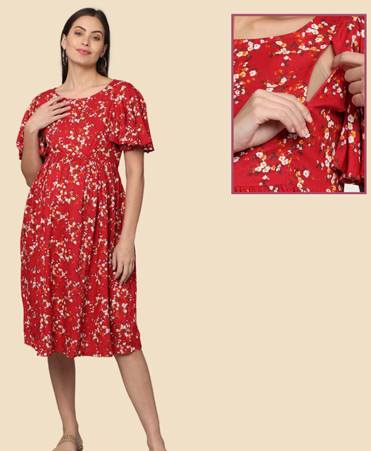 Morph Cotton Knit Half Sleeves Floral Printed Maternity Dress With Side Seam Nursing Access - Red-picture-48