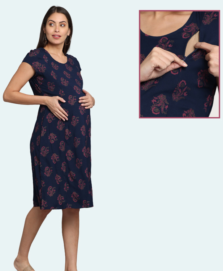 Morph Cotton Knit Half Sleeves Floral Printed Maternity Dress With Side Seam Nursing Access - Navy Blue-picture-43