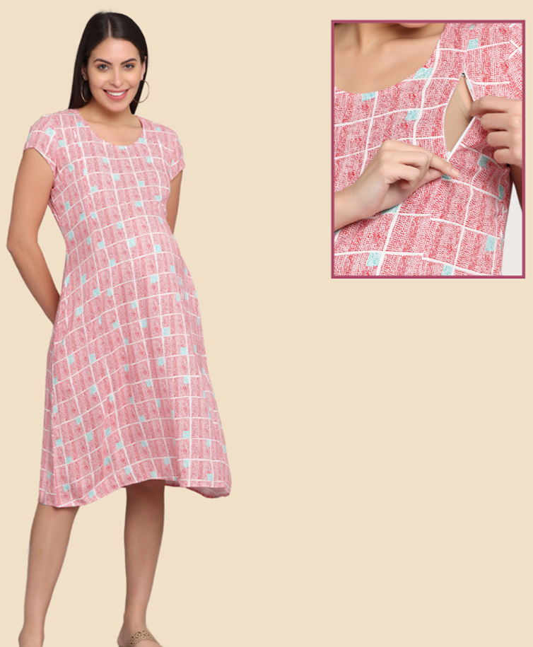 Morph Cotton Knit Half Sleeves Checked Maternity Dress With Side Seam Nursing Access - Red-picture-41