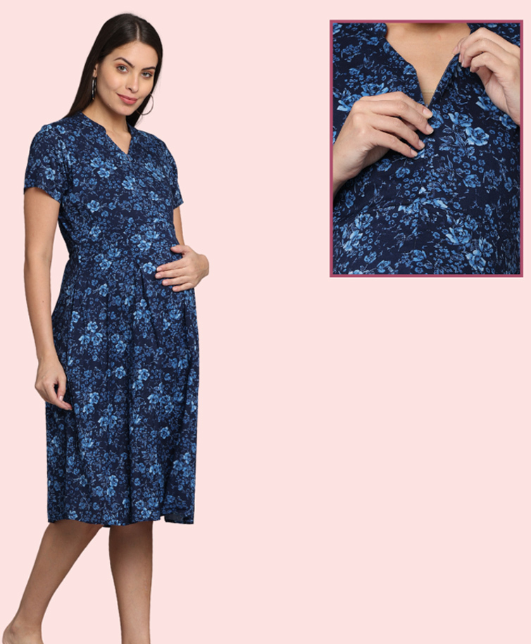 Morph Cotton Knit Half Sleeves Floral Printed Maternity Dress With Vertical Nursing Access - Navy Blue-picture-38