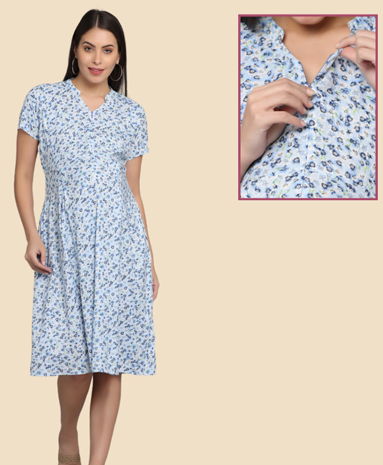Morph Cotton Knit Half Sleeves Floral Printed Maternity Dress With Vertical Nursing Access - White-picture-36