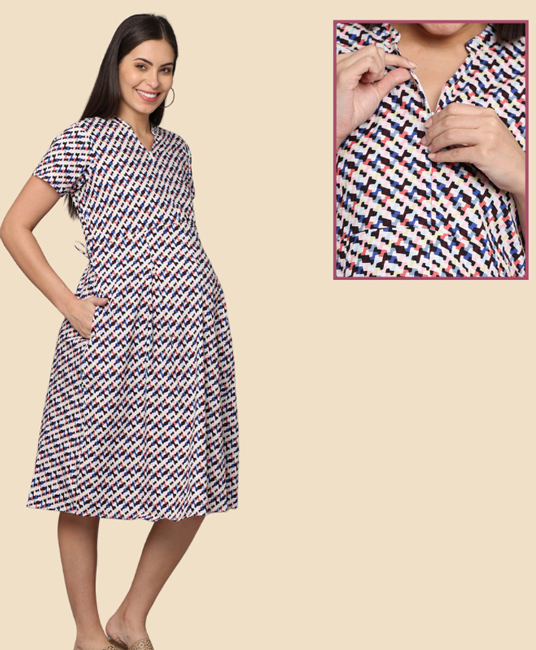 Morph Cotton Knit Half Sleeves Abstract Printed Maternity Dress With Front Open Nursing Access - White-picture-37