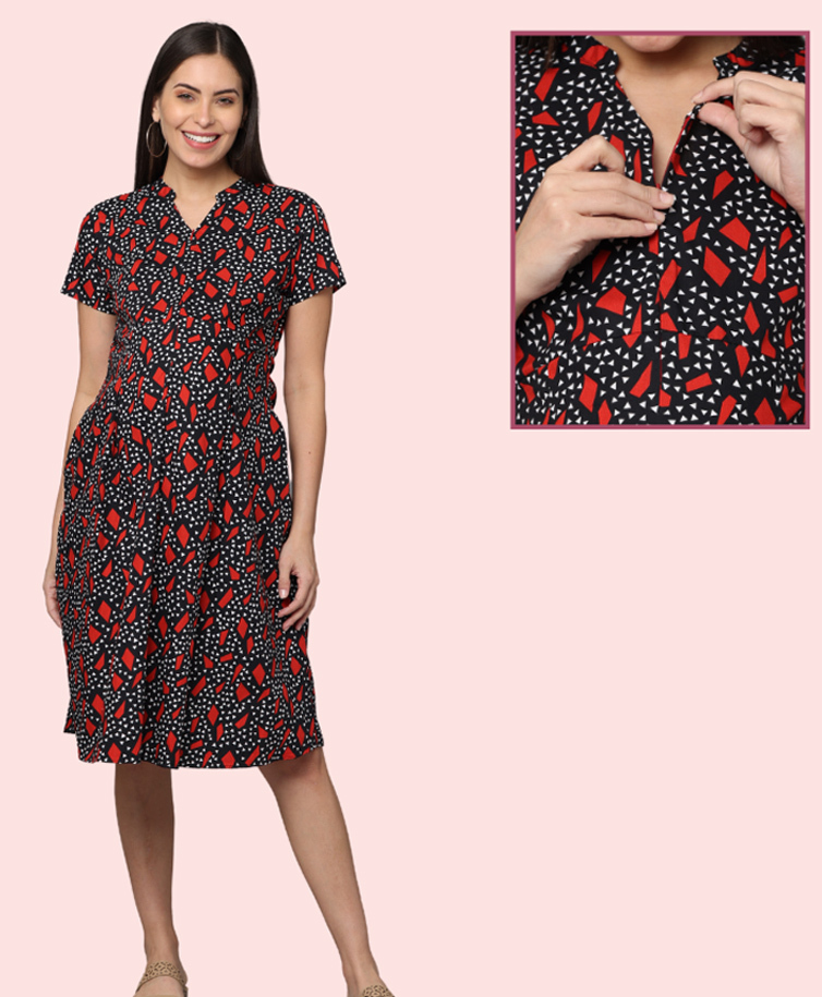 Morph Cotton Knit Half Sleeves Geometric Printed Maternity Dress With Front Open Nursing Access - Black-picture-40